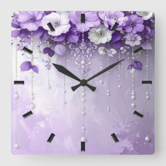 Purple Flowers with Dangling Pearls Wall Clock Fyrkantig Klocka