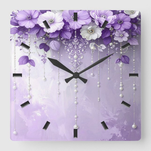 Purple Flowers with Dangling Pearls Wall Clock Fyrkantig Klocka (Framsida)