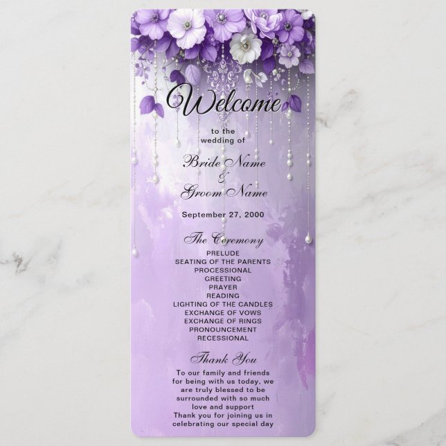 Purple Flowers with Dangling Pearls Wedding Program (Framsida)