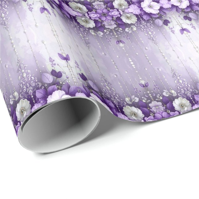 Purple Flowers with Dangling Pearls Wrapping Paper Presentpapper (Rullad Hörn)