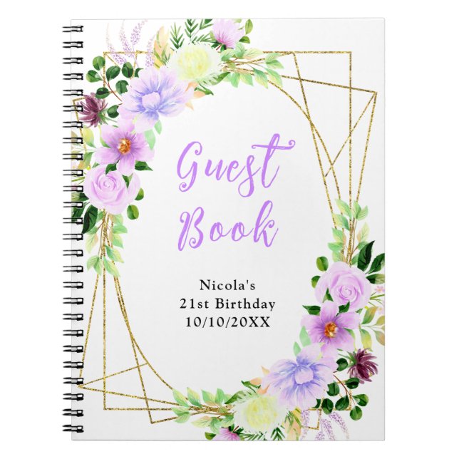 Purple Flowers with Foliage Birthday Guest Book Anteckningsbok (Framsidan)