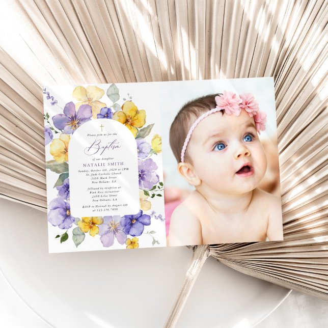 Purple Flowers, Yellow Flowers, Boho, Baptism Inbjudningar (Skapare uppladdad)