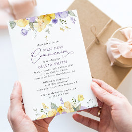 Purple Flowers, Yellow Flowers, First Communion Inbjudningar