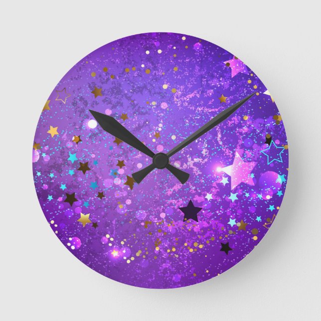 Purple foil background with Stars Rund Klocka (Framsida)