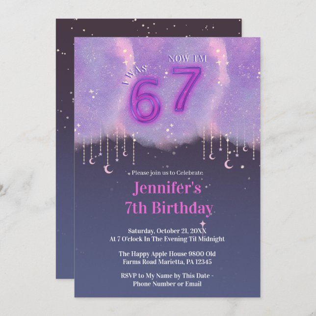 Purple Galaxy “I Was 6 Now I’m 7” Girl Birthday Inbjudningar (Fram/baksida)