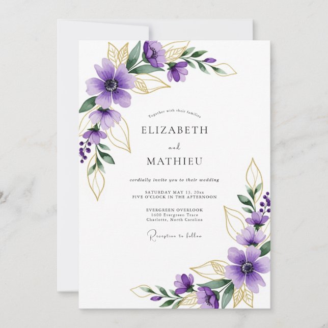 Purple Gilded Botanical Wedding Inbjudningar (Framsida)