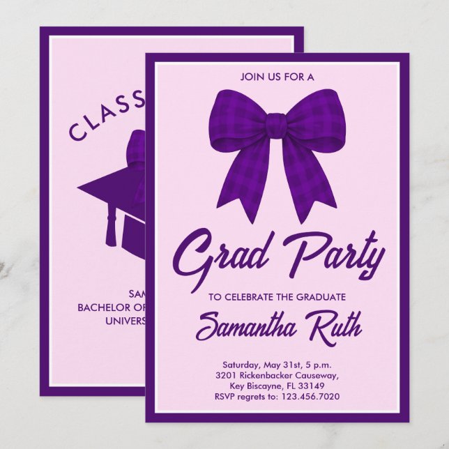 Purple Gingham Bow Graduation Party Inbjudningar (Fram/baksida)