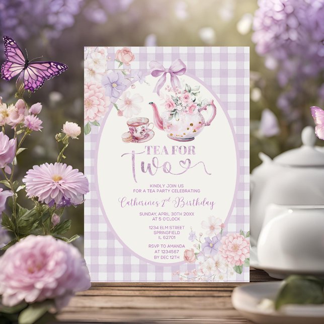 Purple Gingham Floral Tea For Two 2nd Birthday Inbjudningar (Skapare uppladdad)