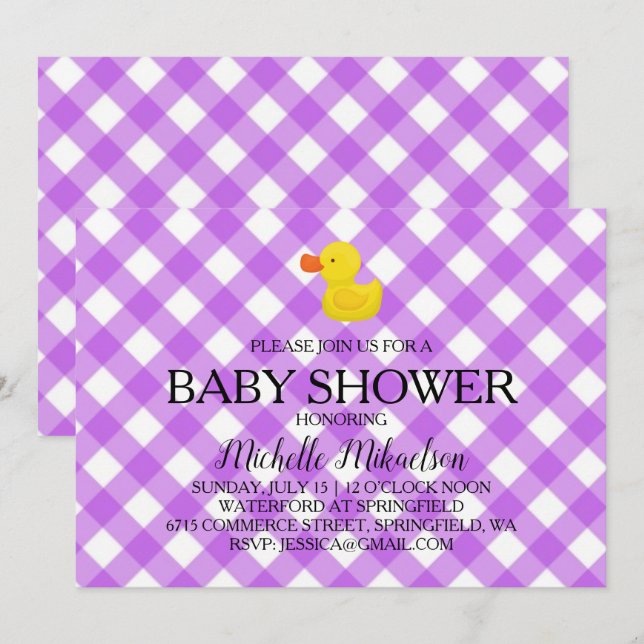 Purple Gingham Rubber Duckie Baby Shower Inbjudningar (Fram/baksida)