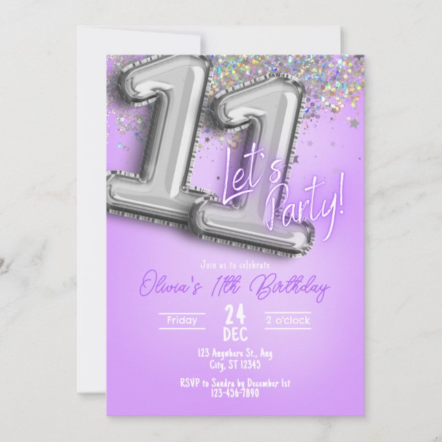 Purple Glitter 11th Birthday Invitation Inbjudningar (Framsida)