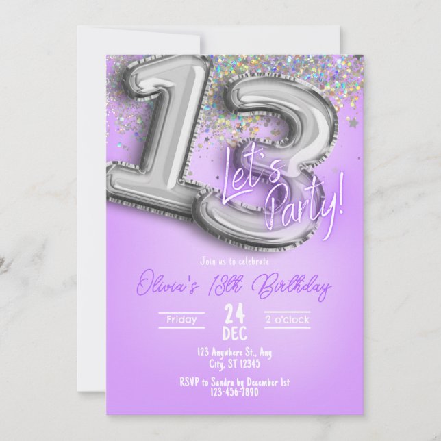 Purple Glitter 13th Birthday Invitation Inbjudningar (Framsida)
