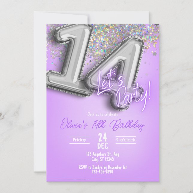 Purple Glitter 14th Birthday Invitation Inbjudningar (Framsida)