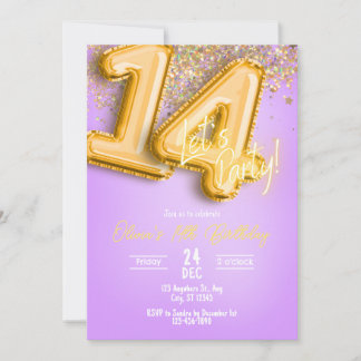 Purple Glitter 14th Birthday Invitation Inbjudningar