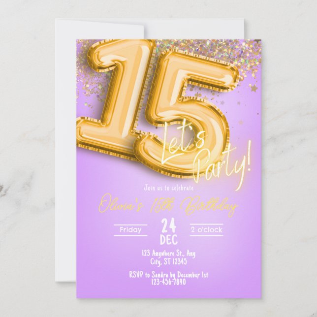 Purple Glitter 15th Birthday Invitation Inbjudningar (Framsida)