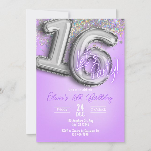 Purple Glitter 16th Birthday Invitation Inbjudningar (Framsida)