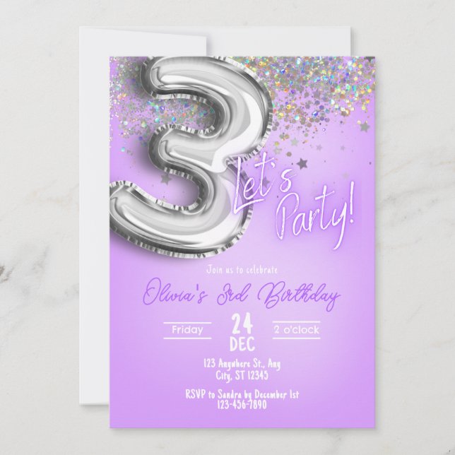 Purple Glitter 3rd Birthday Invitation Inbjudningar (Framsida)