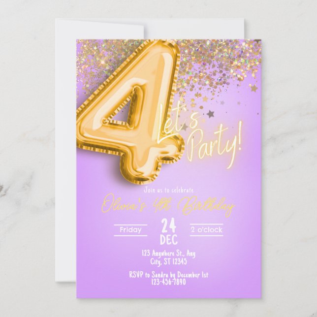 Purple Glitter 4th Birthday Invitation Inbjudningar (Framsida)