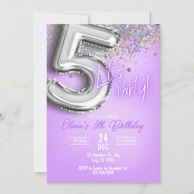 Purple Glitter 5th Birthday Invitation Inbjudningar (Framsida)
