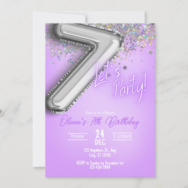 Purple Glitter 7th Birthday Invitation Inbjudningar (Framsida)