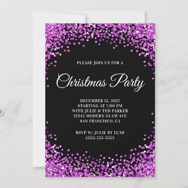 Purple Glitter Border Black Christmas Party Inbjudningar (Framsida)
