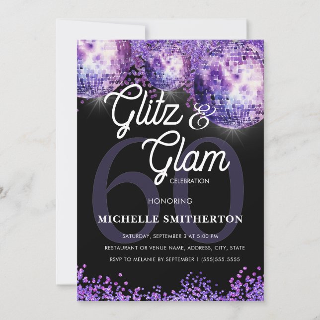 Purple Glitter Disco Glitz Glam 60th Birthday Invi Inbjudningar (Framsida)