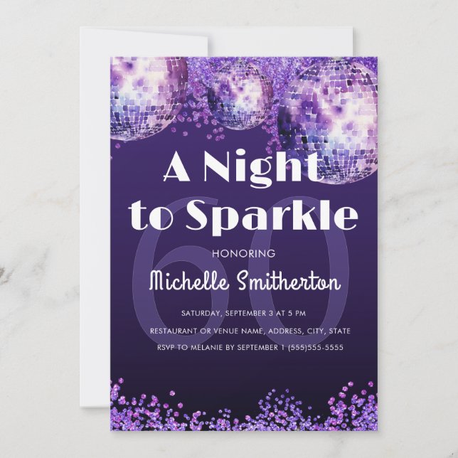 Purple Glitter Disco Night to Sparkle Glam 60th  Inbjudningar (Framsida)