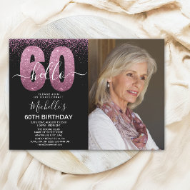 Purple Glitter "Hello 60" Photo Birthday  Inbjudningar