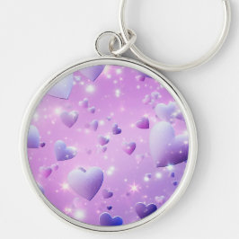 Purple Glow Heart Keychain Rund Silverfärgad Nyckelring