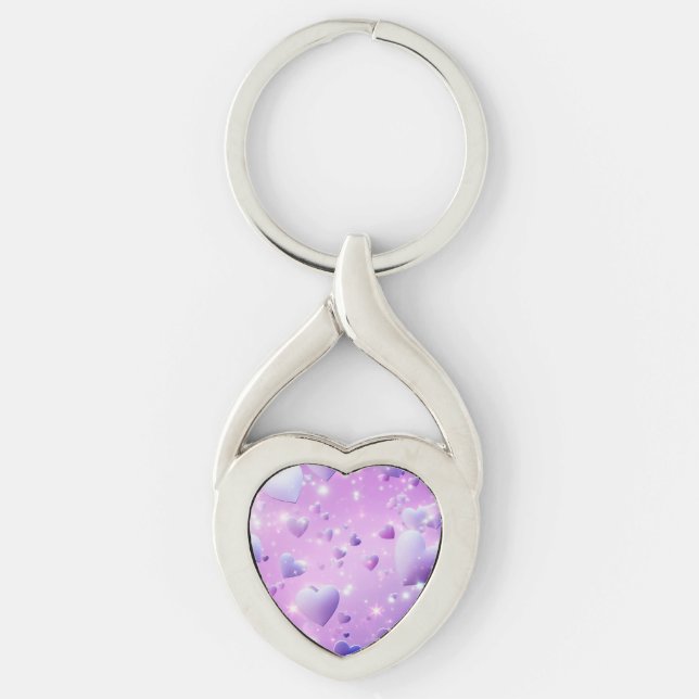 Purple Glow Heart Metal Keychain Twisted Heart Silverfärgad Nyckelring (Framsidan)