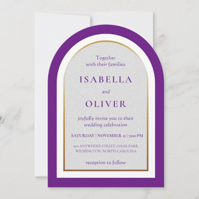Purple gold and white simplistic wedding inbjudningar (Framsida)