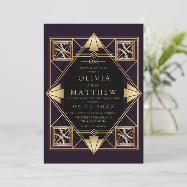 Purple & Gold Art Deco Wedding Invitation  Inbjudningar (Stående Fram)