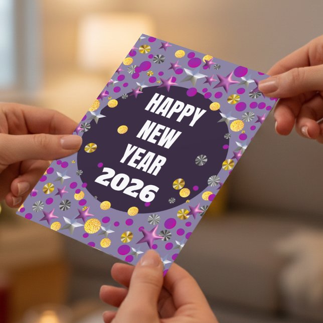 Purple Gold Confetti Stars New Years Card Julkort (Fun colorful new year card that is fully customizable and looks good too.)