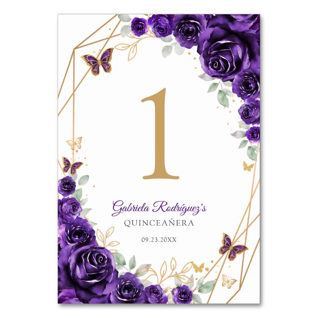 Purple Gold Floral Quinceanera Bordsnummer (Framsidan)