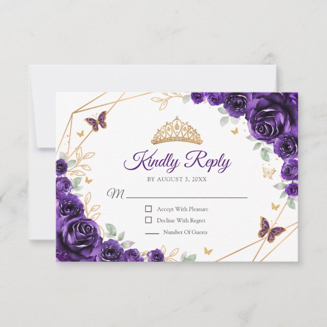 Purple Gold Floral Quinceanera Reply OSA Kort (Framsida)