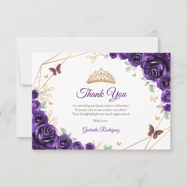 Purple Gold Floral Quinceanera Tack Kort (Framsida)