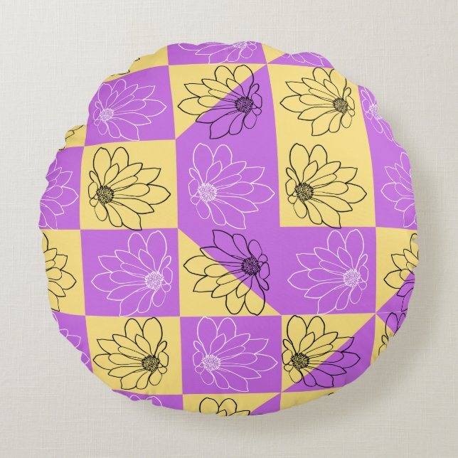 Purple gold Flower seamless Checkerboard pattern Rund Kudde (Framsidan)