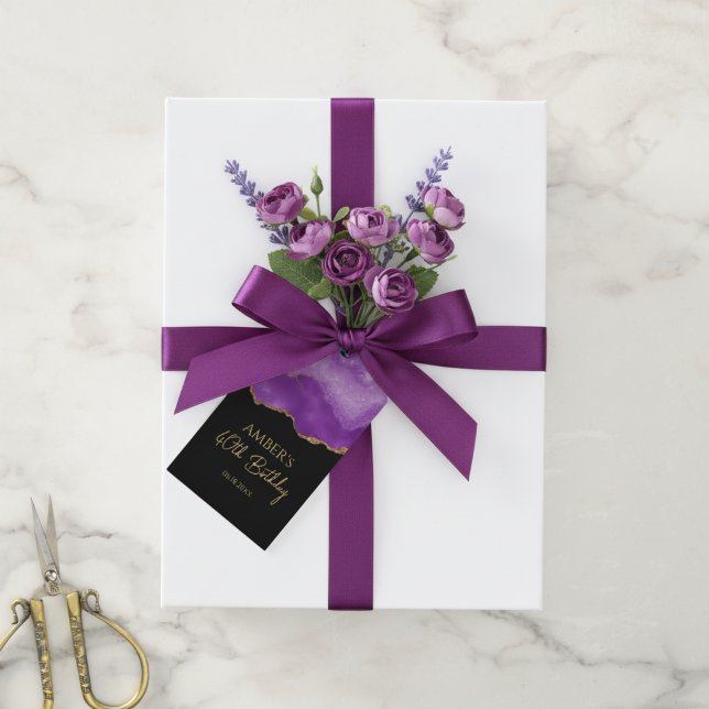 Purple Gold Glitter Abstract Watercolor Marble  Presentetikett (Skapare uppladdad)