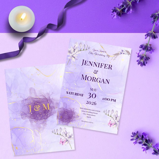 Purple Gold Gothic Floral Wedding Invitation Inbjudningar (Skapare uppladdad)