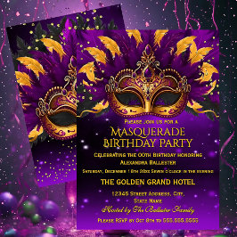 Purple Gold Masks Masquerade Birthday Party Inbjudningar
