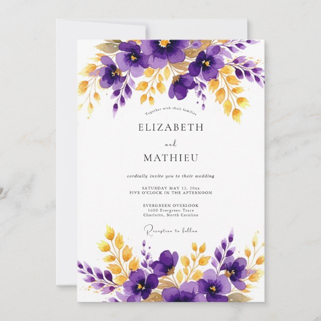 Purple Gold Polished Floral Wedding Inbjudningar (Framsida)