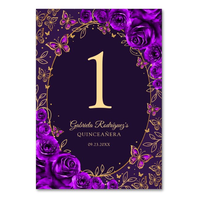 Purple Gold Quinceanera Bordsnummer (Framsidan)