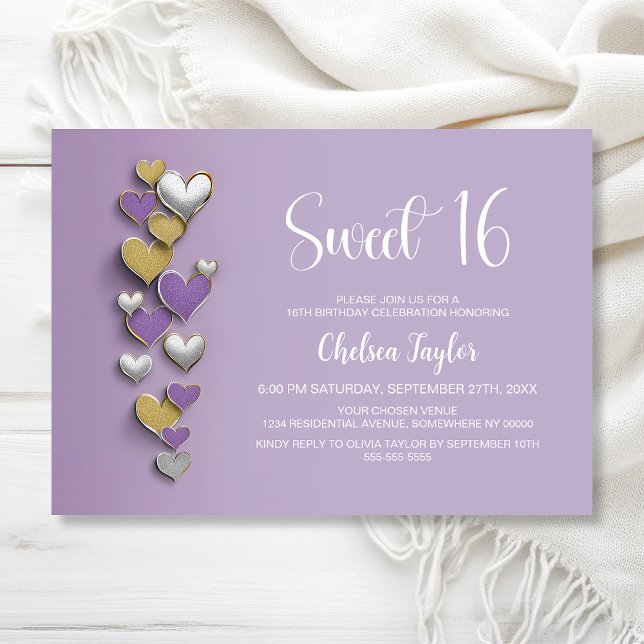 Purple Gold Silver Heart Theme Sweet 16 Birthday Inbjudningar (Skapare uppladdad)