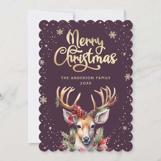 Purple Gold Watercolor Reindeer Christmas Card Julkort (Framsida)