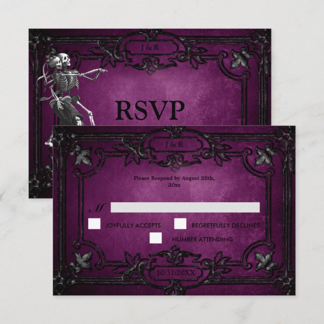 Purple Gothic Halloween Wedding RSVP Card OSA Kort (Fram/baksida)