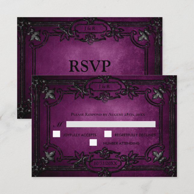 Purple Gothic Halloween Wedding RSVP Card OSA Kort (Fram/baksida)