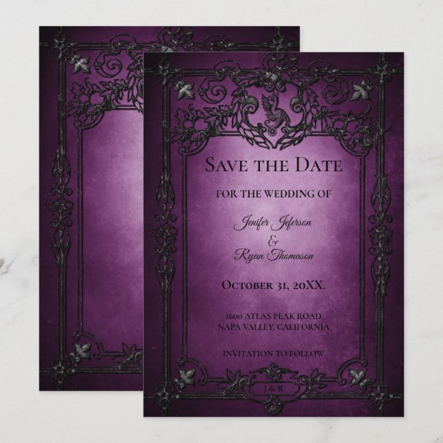 Purple Gothic Halloween wedding save the date Meddelande (Fram/baksida)