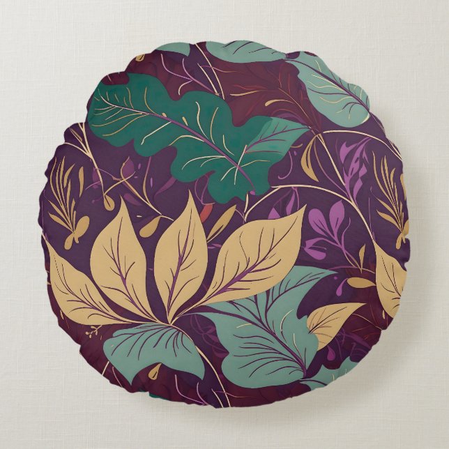Purple Graceful Modern Leaf Print Rund Kudde (Framsidan)