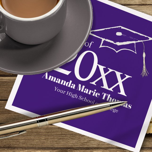 Purple Graduation Cap Class of 20XX Name Pappersservett (Celebrate your grad in style with a custom purple Class of 20XX party napkin.)