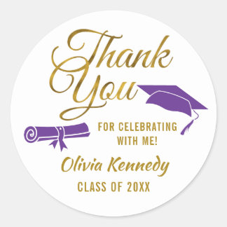 Purple Graduation Gold Thank You Script Favor   Runt Klistermärke