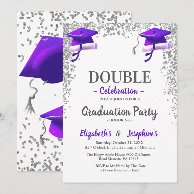 Purple Gray double Celebration Graduation Party  Inbjudningar (Fram/baksida)